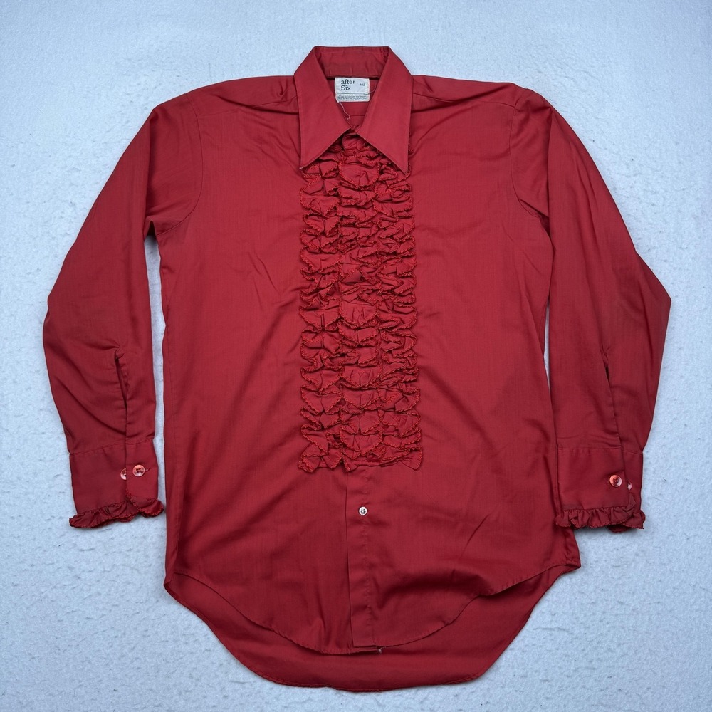Vintage After Six Tuxedo Shirt Mens Medium Long Sleeve Red Ruffle Front 70s